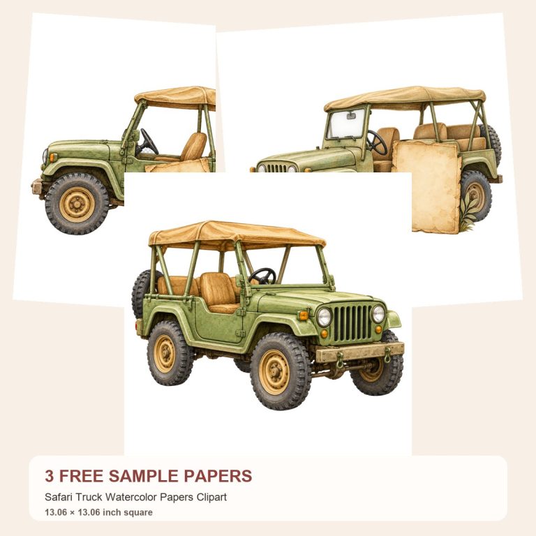Free Safari Truck Watercolor Papers Clipart – 3 Printable Scrapbook Paper Samples preview