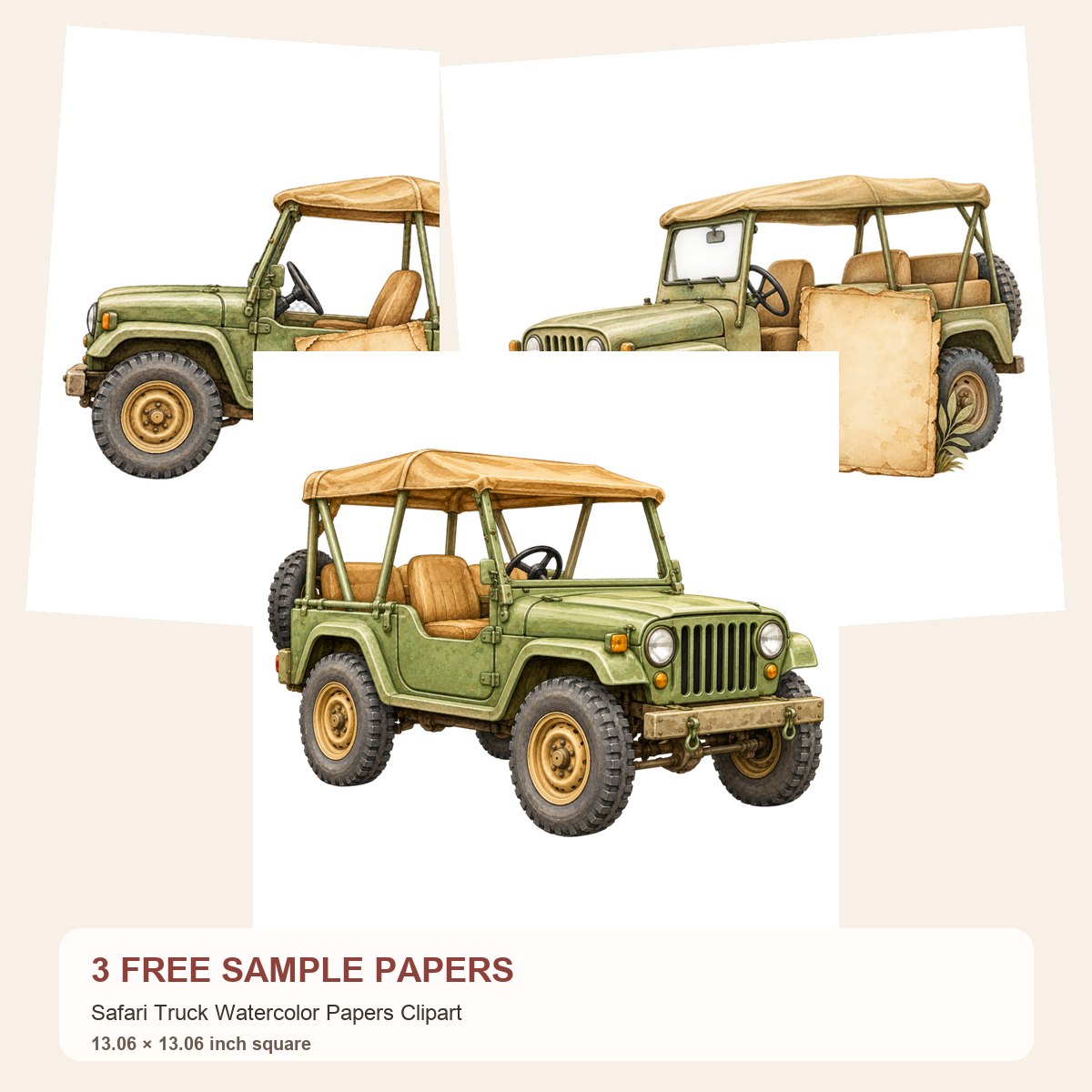 Free Safari Truck Watercolor Papers Clipart – 3 Printable Scrapbook Paper Samples