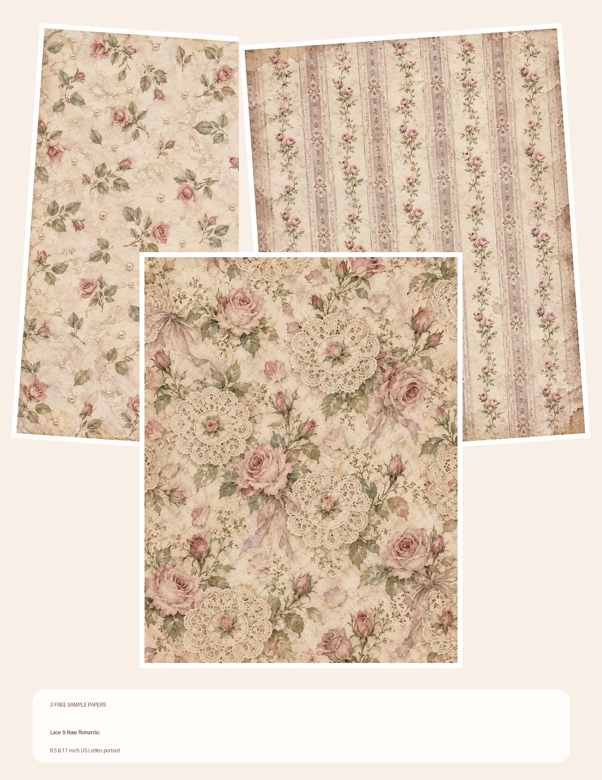 Free Lace & Rose Romantic – 3 Printable Scrapbook Paper Samples