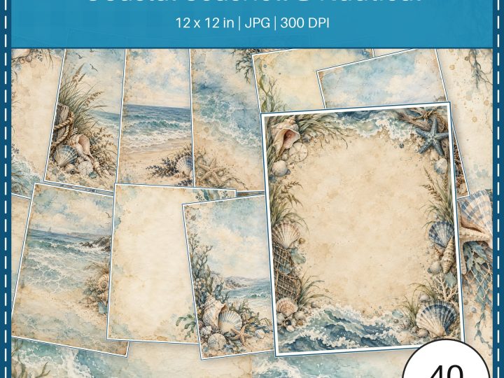 Coastal Seashell Nautical 40 US Letter Scrapbook Papers