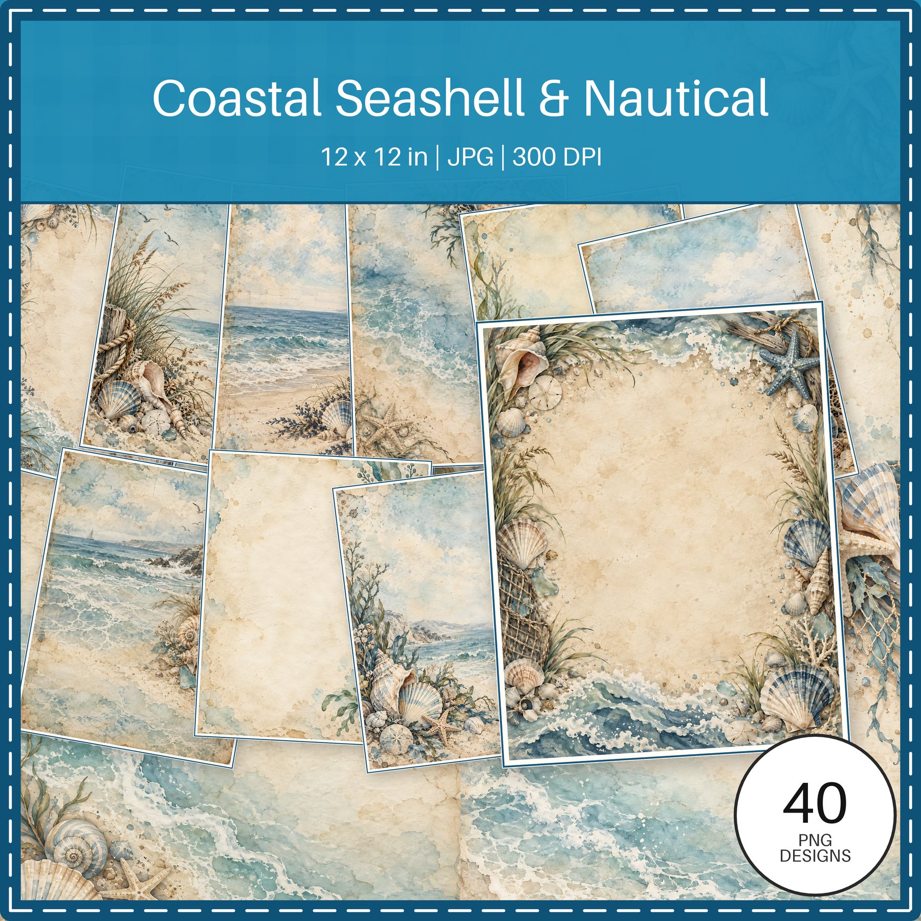 Coastal Seashell Nautical 40 US Letter Scrapbook Papers