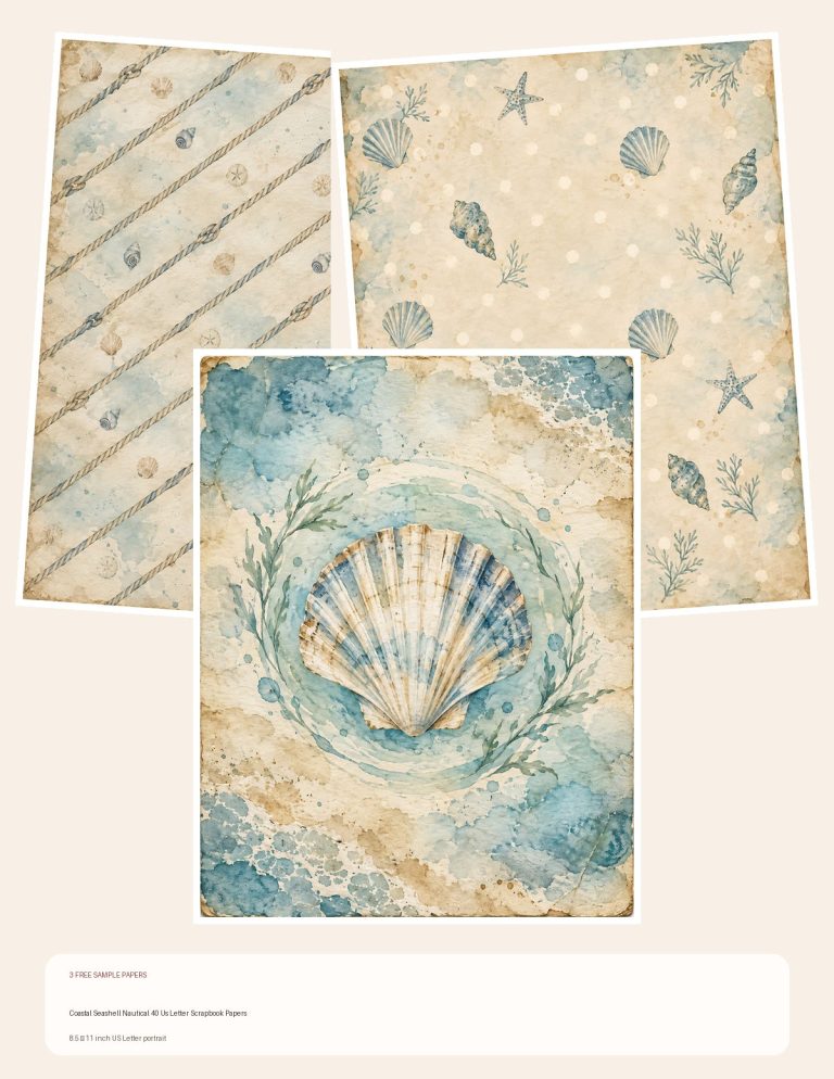 Free Coastal Seashell Nautical 40 Us Letter Scrapbook Papers – 3 Printable Scrapbook Paper Samples preview