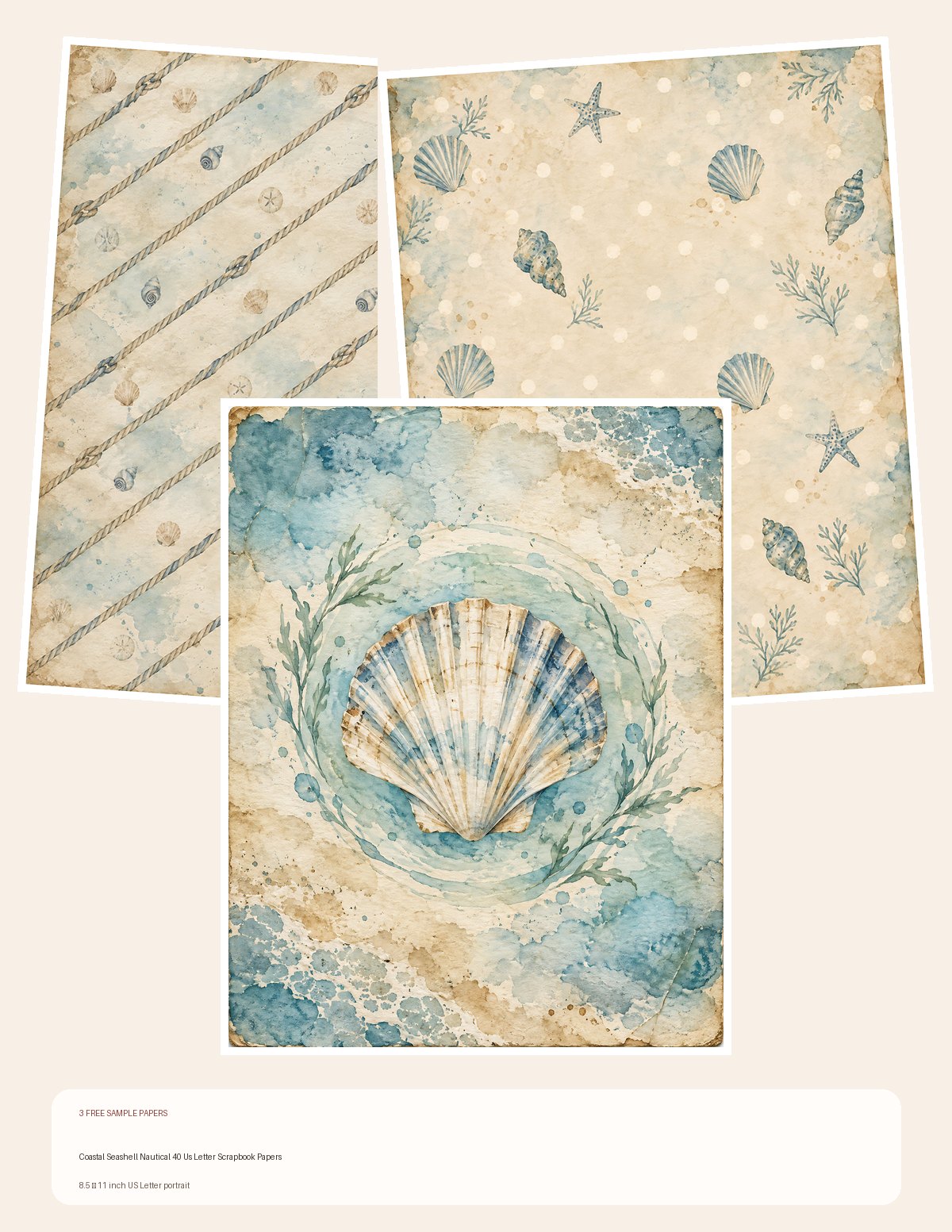 Free Coastal Seashell Nautical 40 Us Letter Scrapbook Papers – 3 Printable Scrapbook Paper Samples