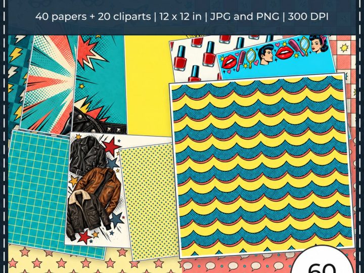 Pop Art Comic Scrapbook Papers and Clipart Bundle for Men and Women