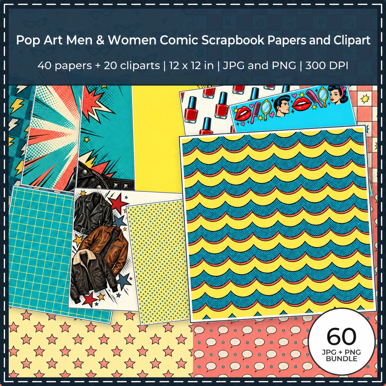 Pop Art Comic Scrapbook Papers and Clipart Bundle for Men and Women