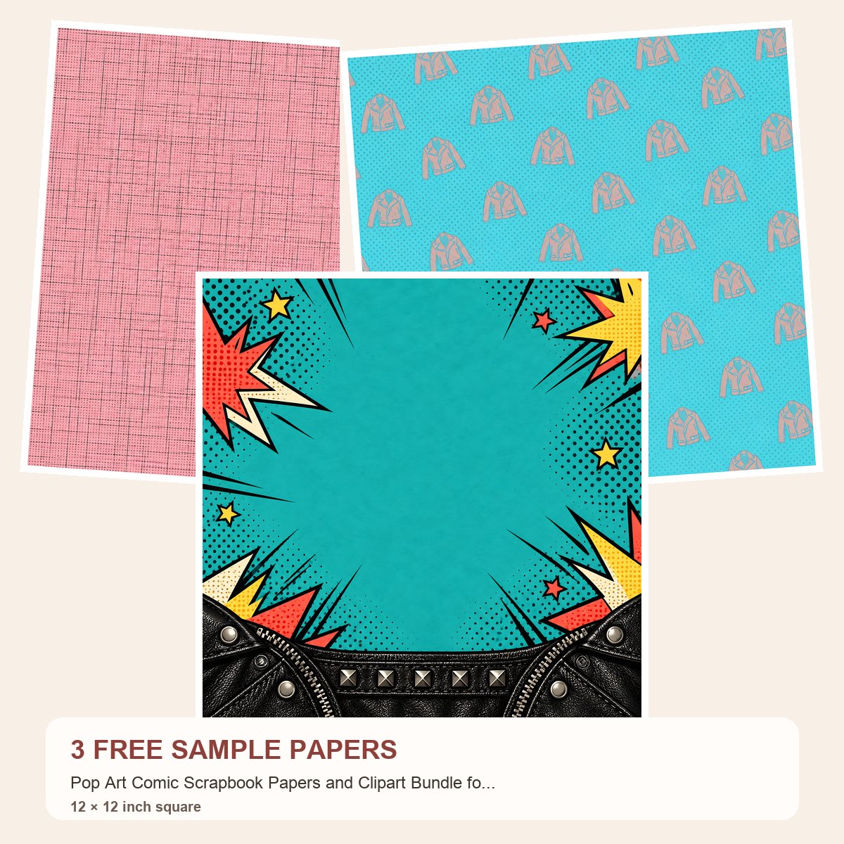 Free Pop Art Comic Scrapbook Papers and Clipart Bundle for Men and Women – 3 square Paper Samples
