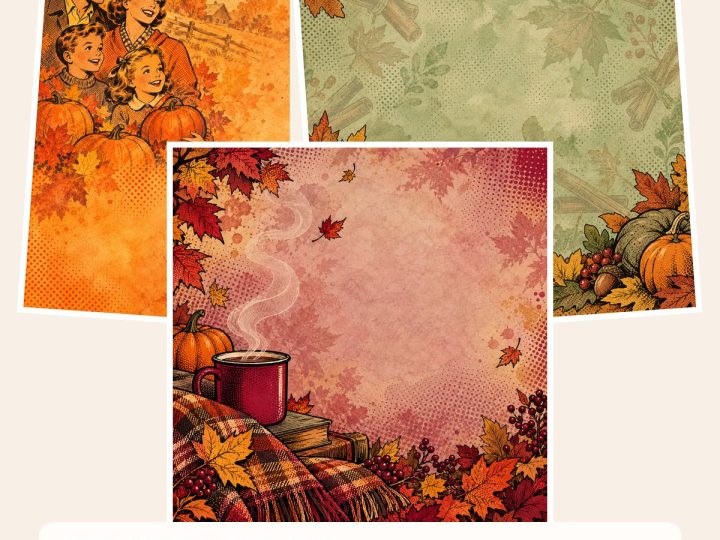 Free Comic Autumn Pop Art Scrapbook Papers & PNG Cliparts – 3 square Paper Samples