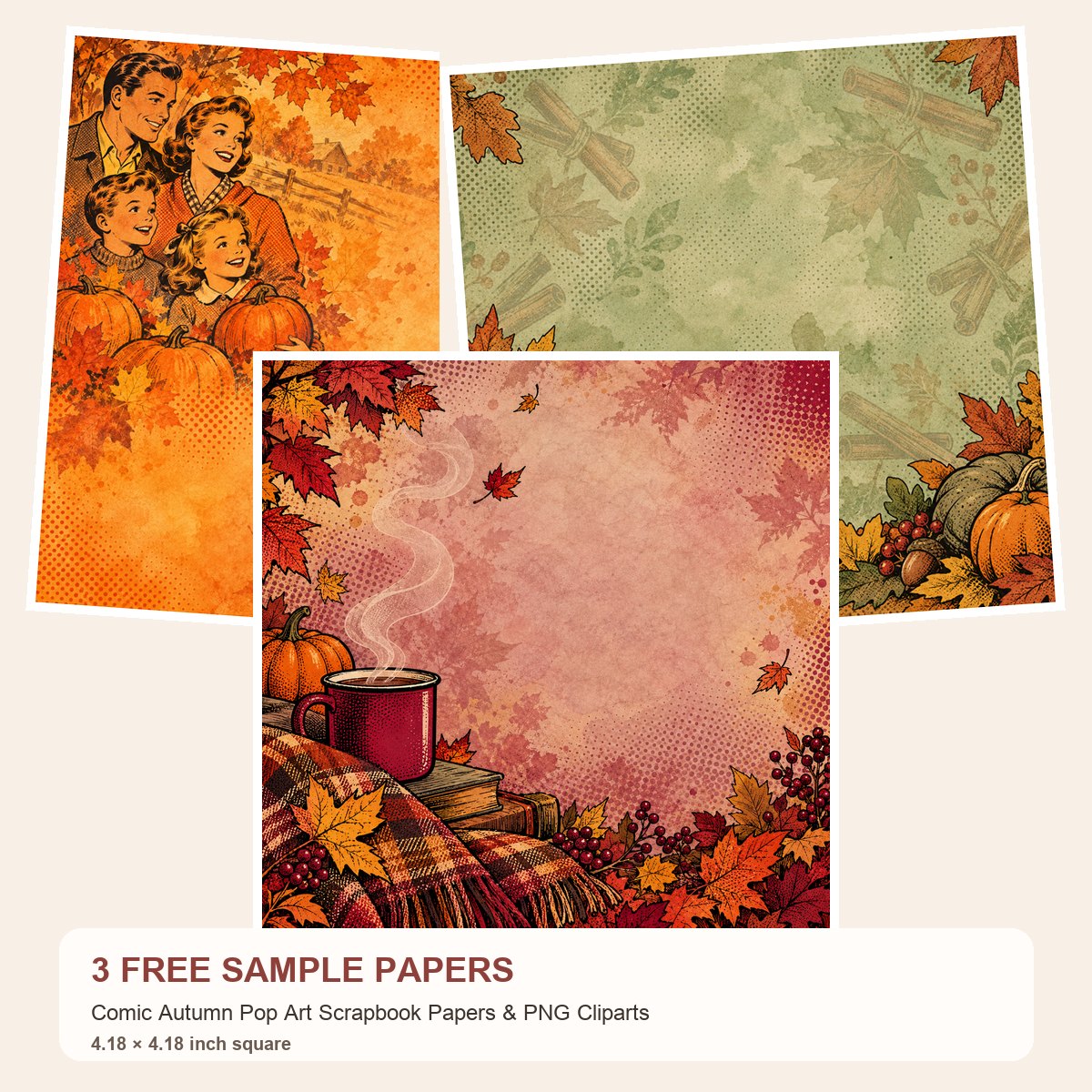 Free Comic Autumn Pop Art Scrapbook Papers & PNG Cliparts – 3 square Paper Samples