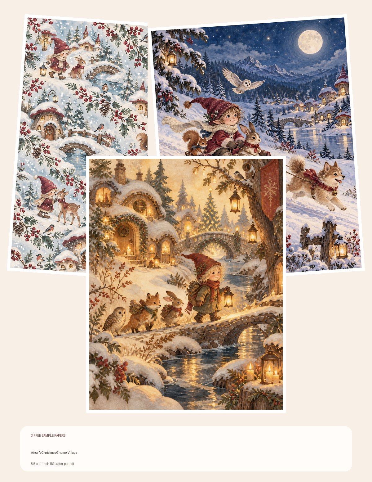 Free Airun’s Christmas Gnome Village – 3 Printable Scrapbook Paper Samples