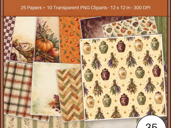 Kitchen Witch Autumn Apothecary Digital Papers and PNG Clipart