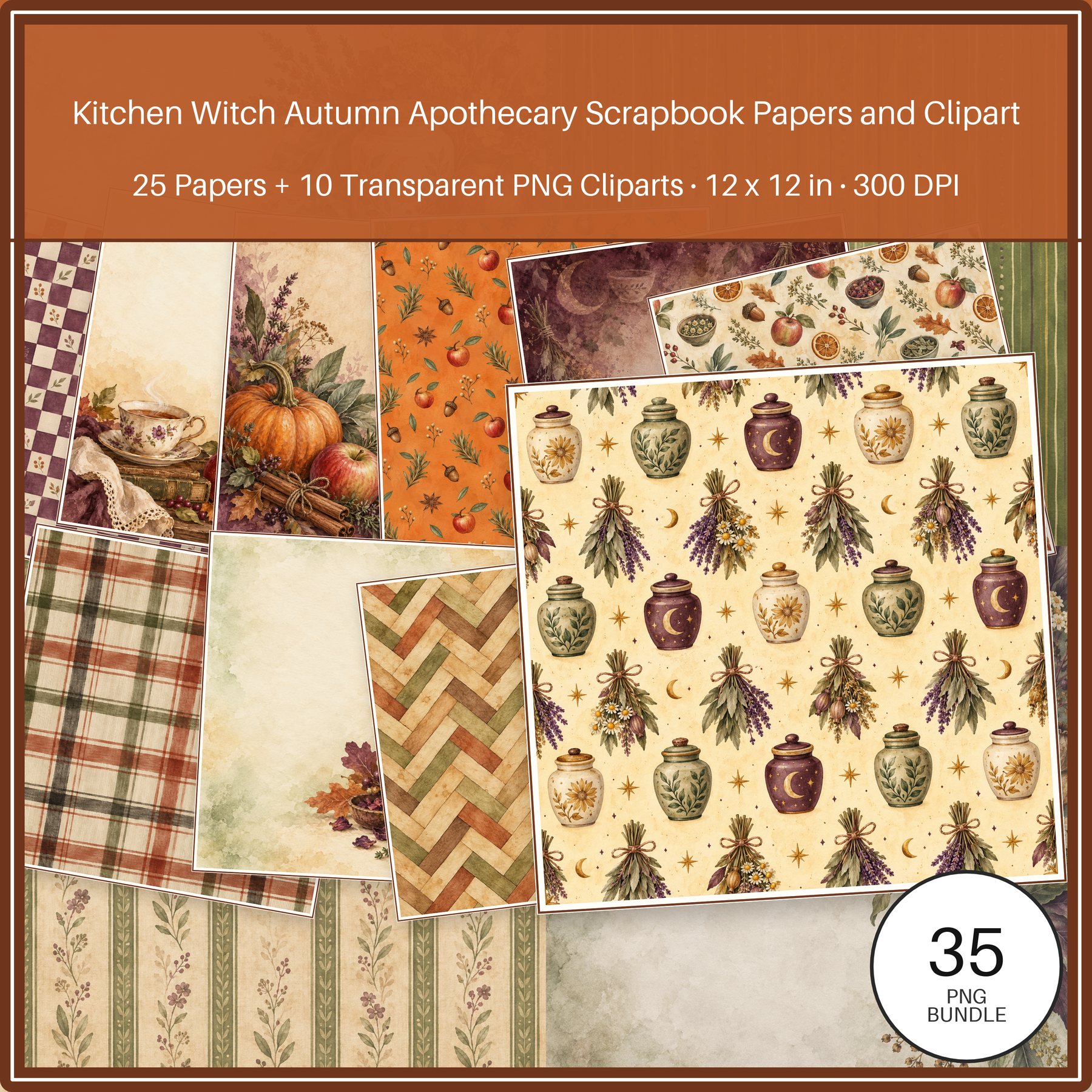 Kitchen Witch Autumn Apothecary Digital Papers and PNG Clipart