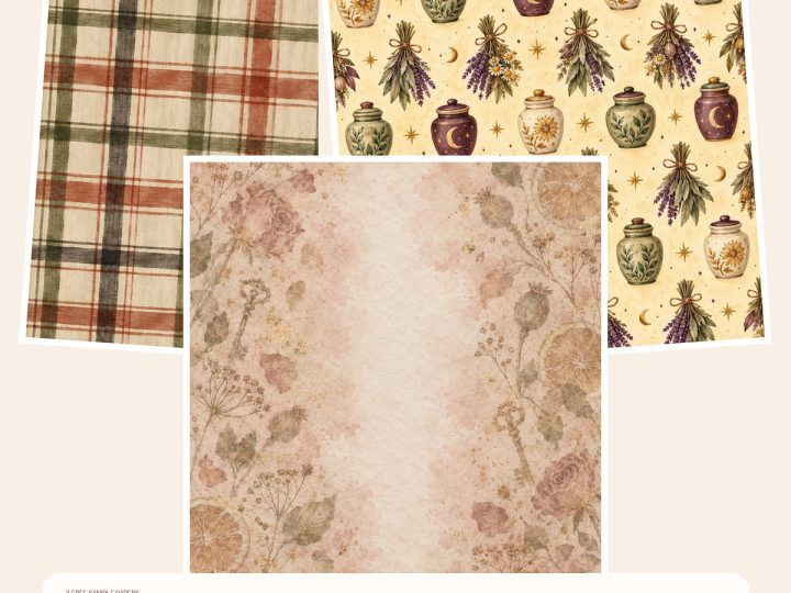 Free Kitchen Witch Autumn Apothecary Digital Papers and PNG Clipart – 3 square Paper Samples