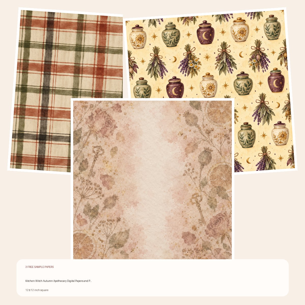 Free Kitchen Witch Autumn Apothecary Digital Papers and PNG Clipart – 3 square Paper Samples