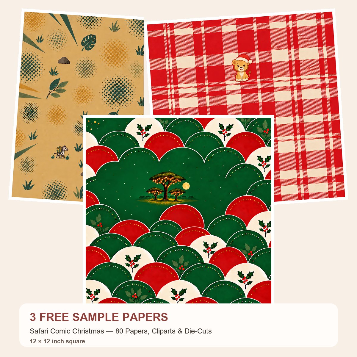 Free Safari Comic Christmas — 80 Papers, Cliparts & Die-Cuts – 3 square Paper Samples