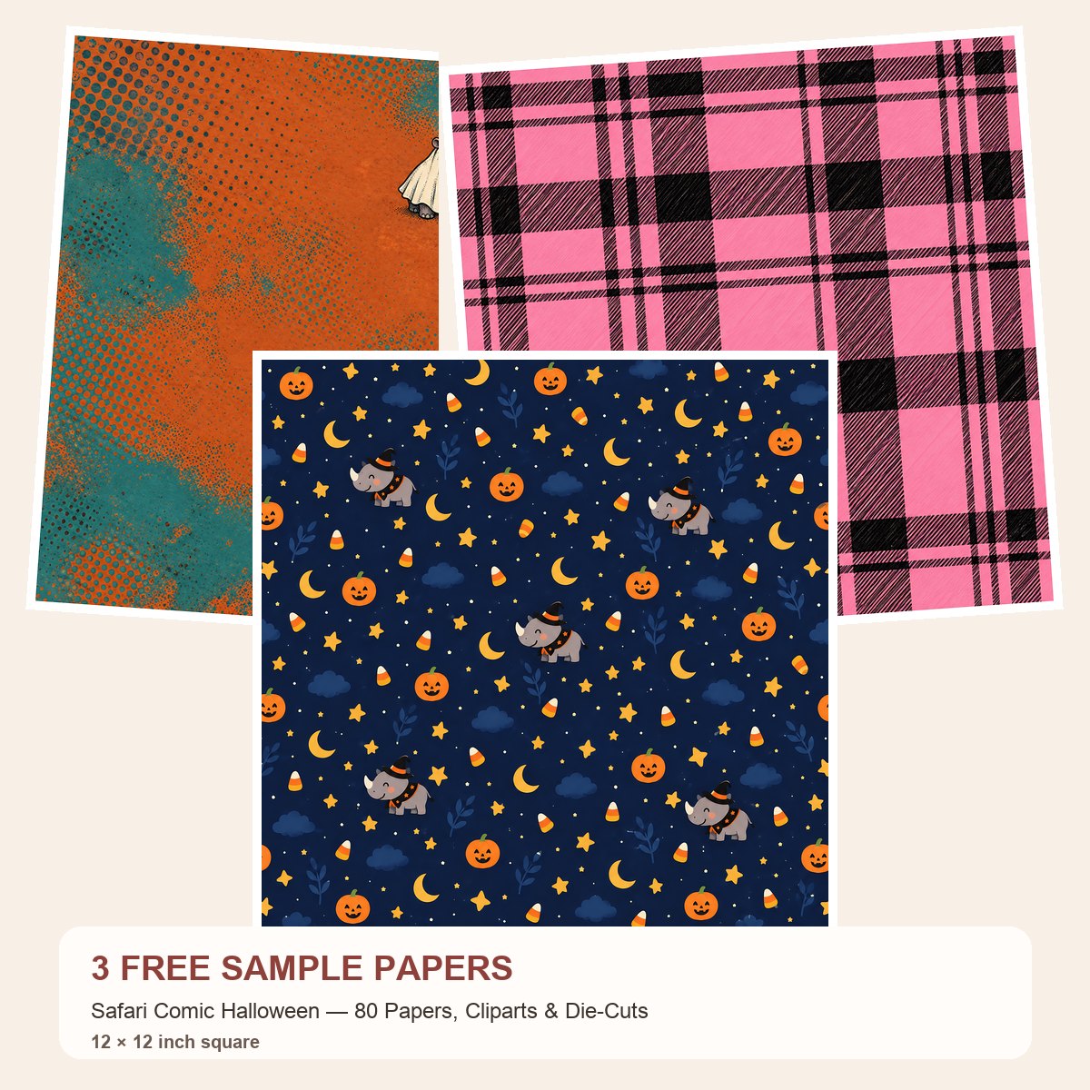 Free Safari Comic Halloween — 80 Papers, Cliparts & Die-Cuts – 3 square Paper Samples
