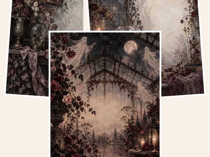 Free Digital Victorian Ghost Garden Halloween – 3 Printable Scrapbook Paper Samples