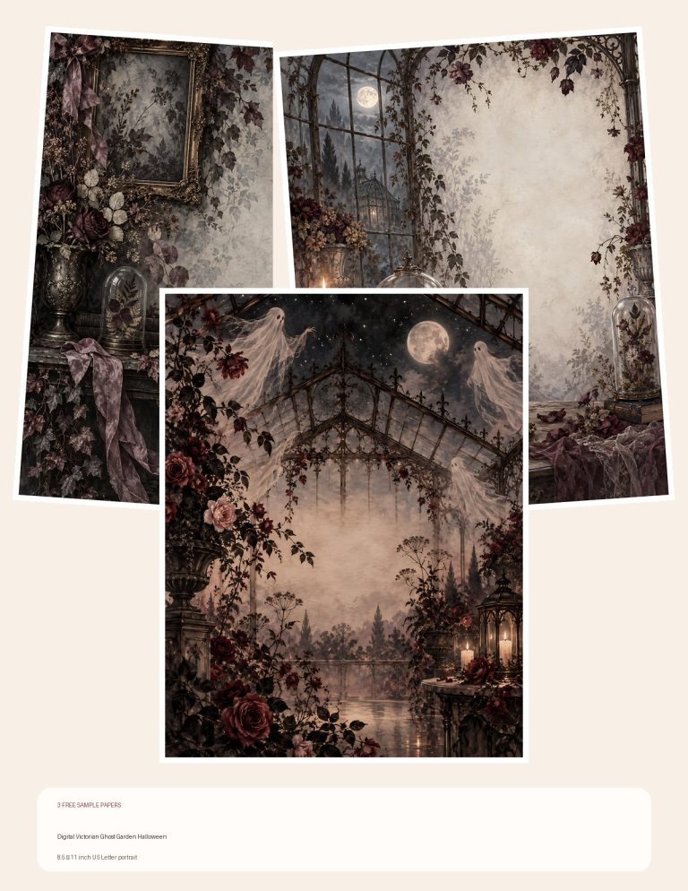 Free Digital Victorian Ghost Garden Halloween – 3 Printable Scrapbook Paper Samples preview