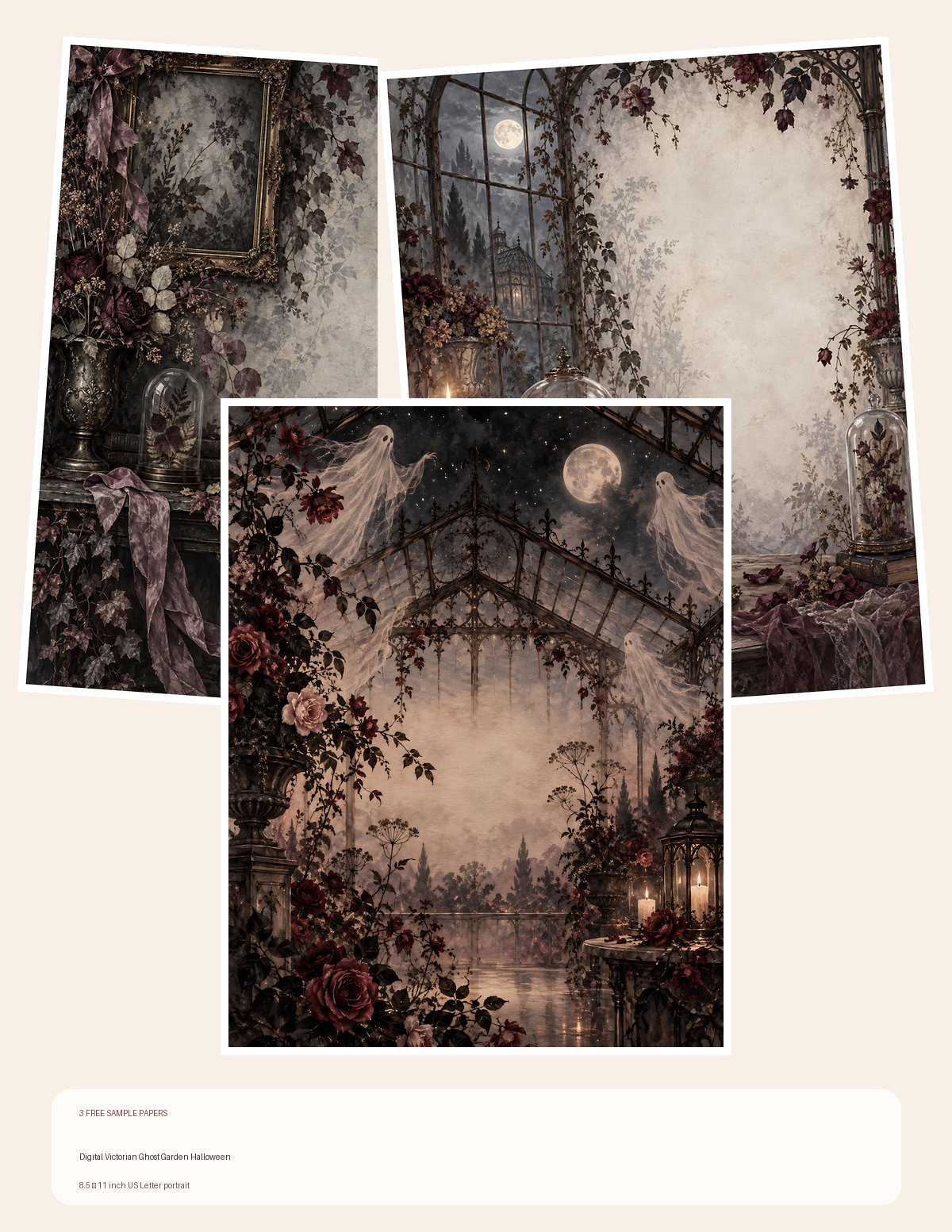 Free Digital Victorian Ghost Garden Halloween – 3 Printable Scrapbook Paper Samples