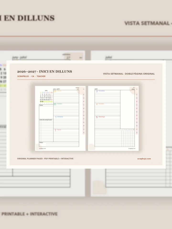 ScrapBujo · Agendes acadèmiques docent i estudiantil 2026–2027 en català visual story illustration