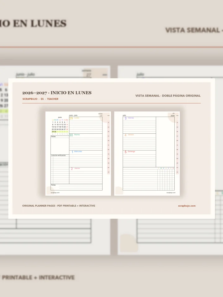 ScrapBujo · Agendas académicas docente y estudiantil 2026–2027 en español visual story illustration