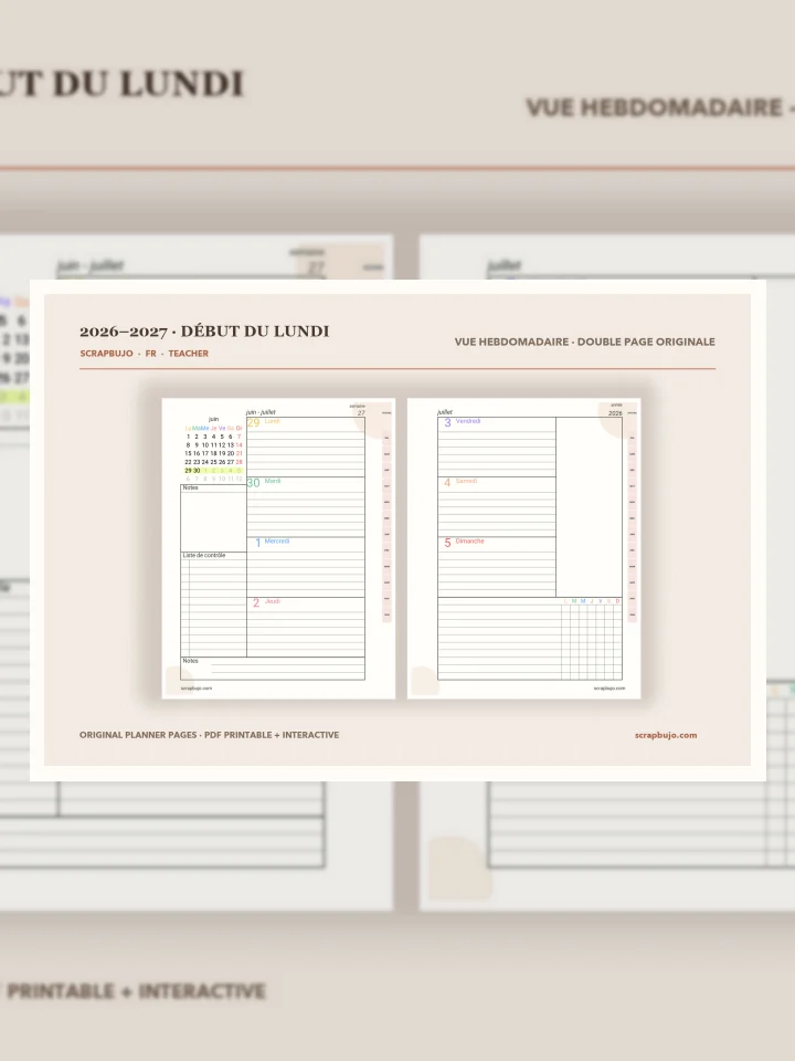 ScrapBujo · Agendas académiques enseignant et étudiant 2026–2027 en français visual story illustration
