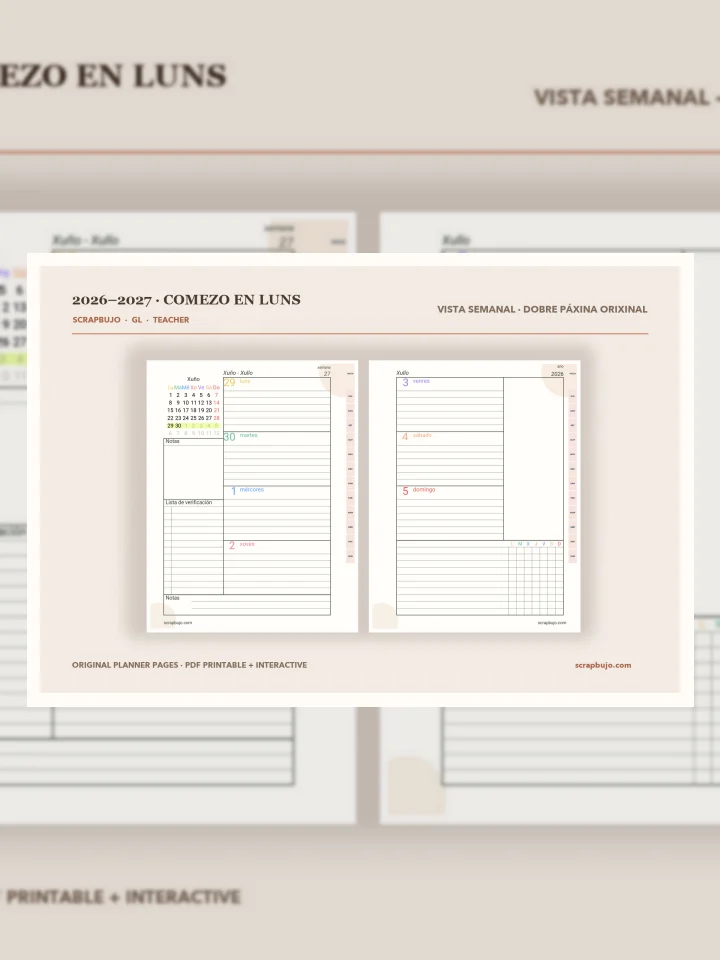 ScrapBujo · Axendas académicas docente e estudantil 2026–2027 en galego visual story illustration