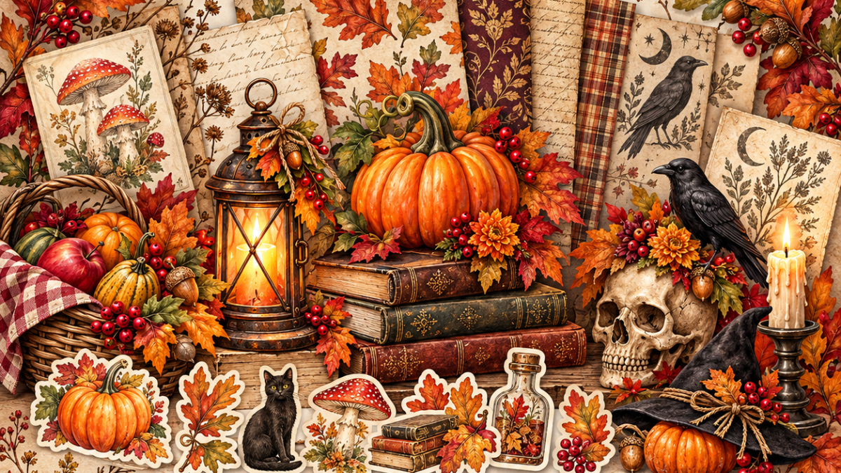 Autumn Harvest & Halloween Studio Pack | 4 Scrapbook Collections product cover with four coordinated digital scrapbook collections