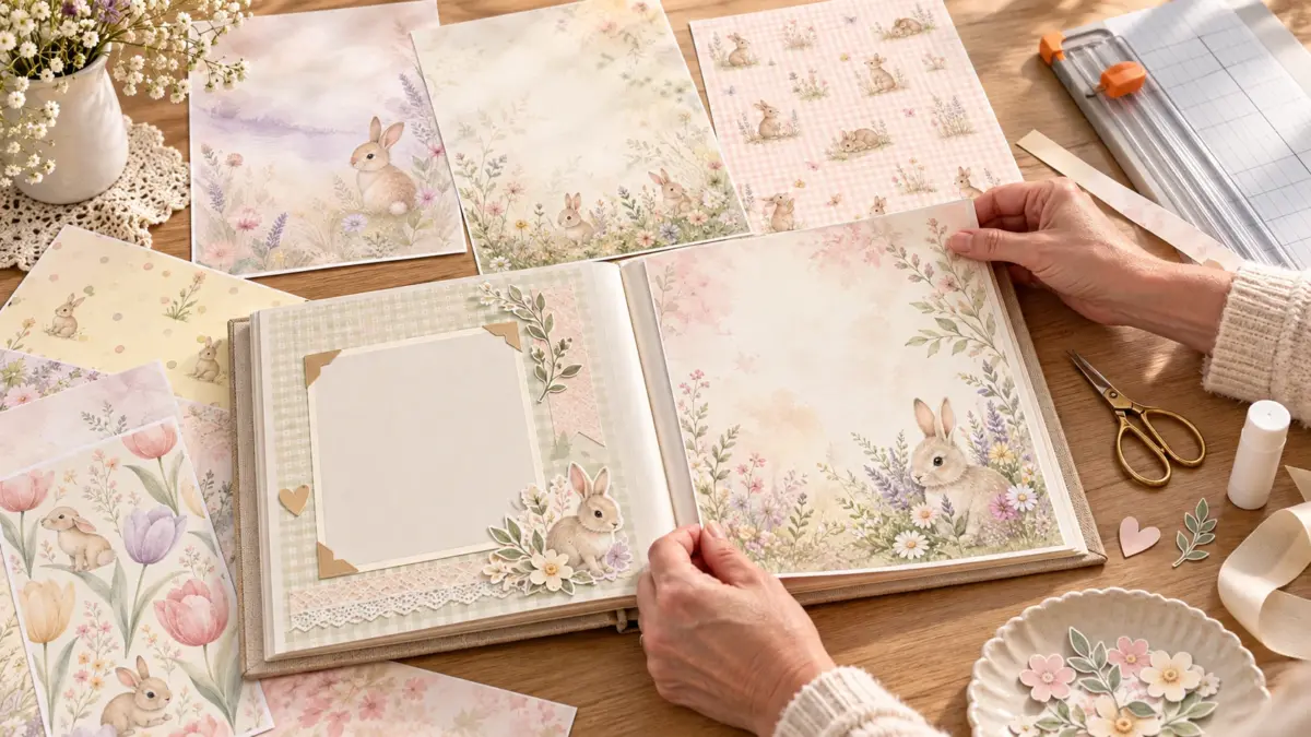 Illustrative baby memory album spread with a blank photo mat and bunny paper