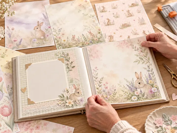 Illustrative baby memory album spread with a blank photo mat and bunny paper