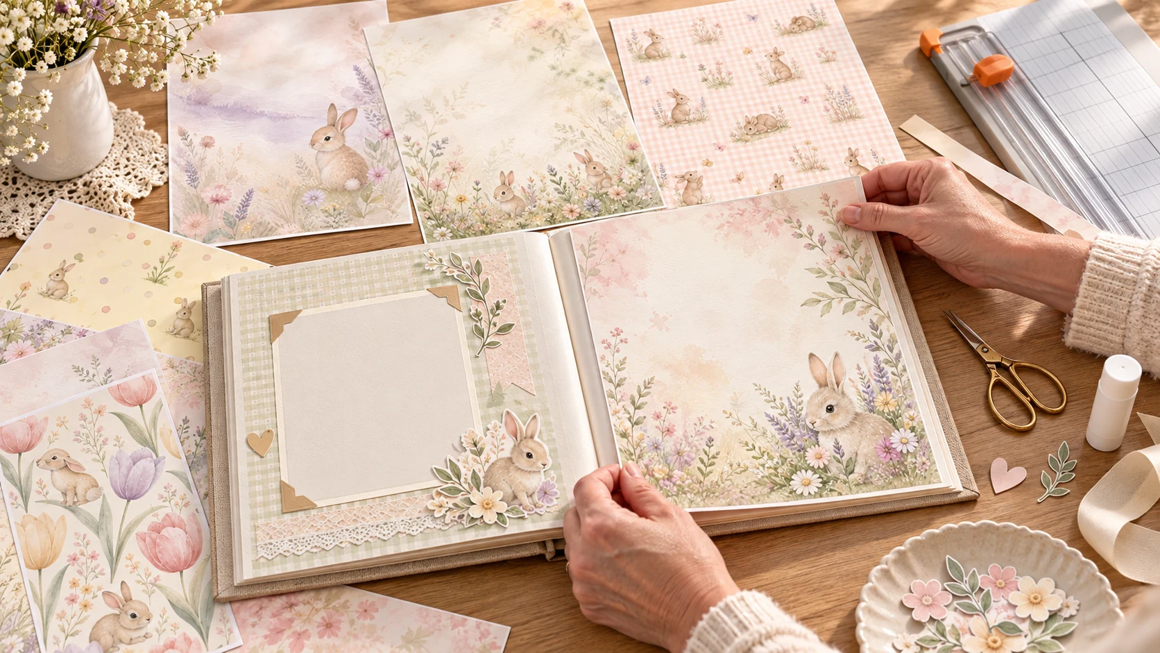 Illustrative baby memory album spread with a blank photo mat and bunny paper
