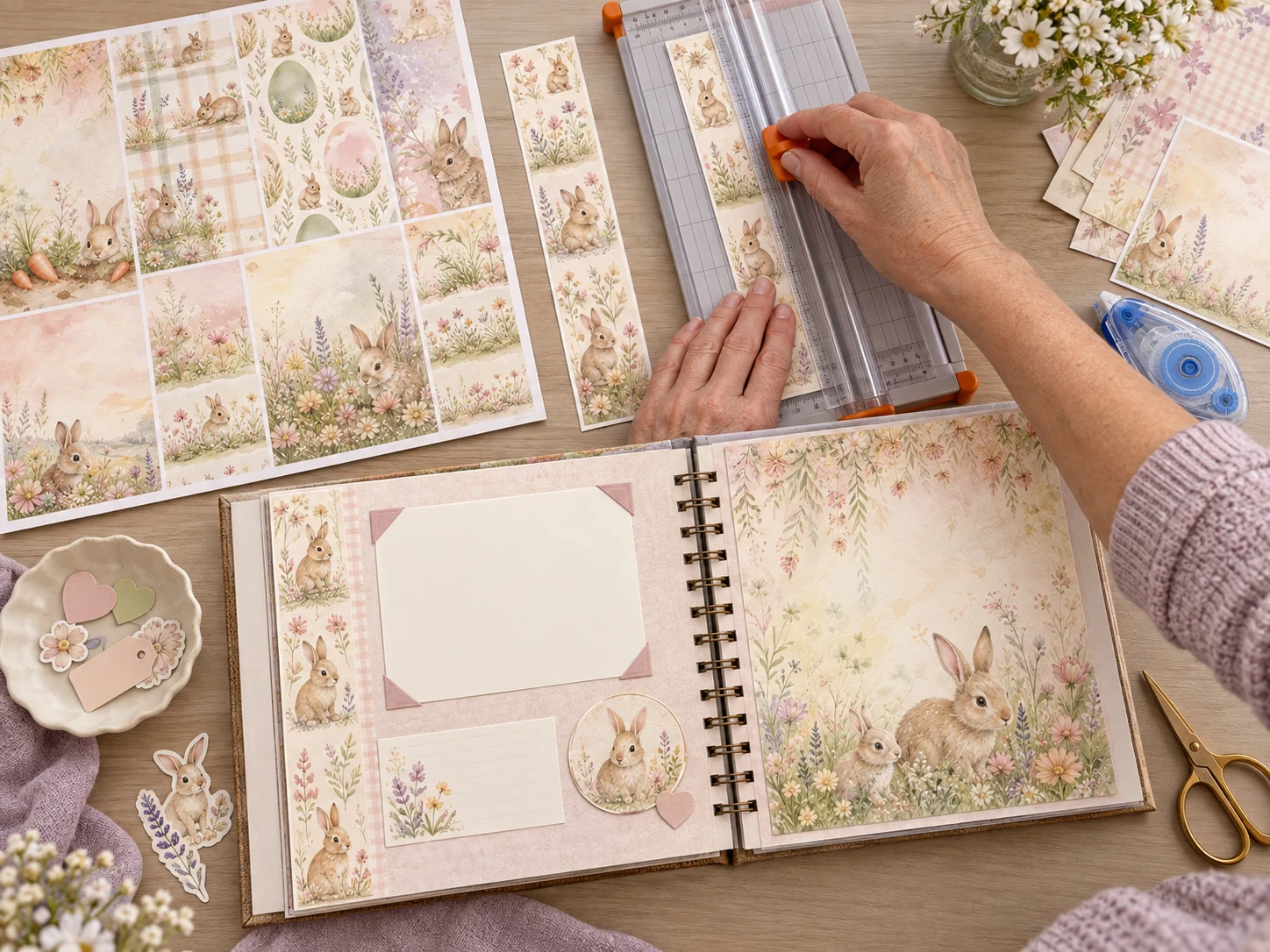 Illustrative trimming of a narrow bunny-paper panel beside an album page