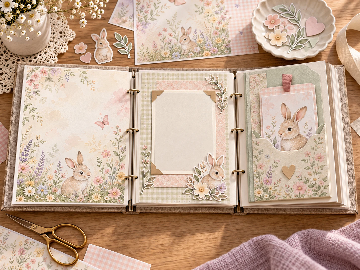 An open ring album showing a flat page, layered photo mat and structured pocket