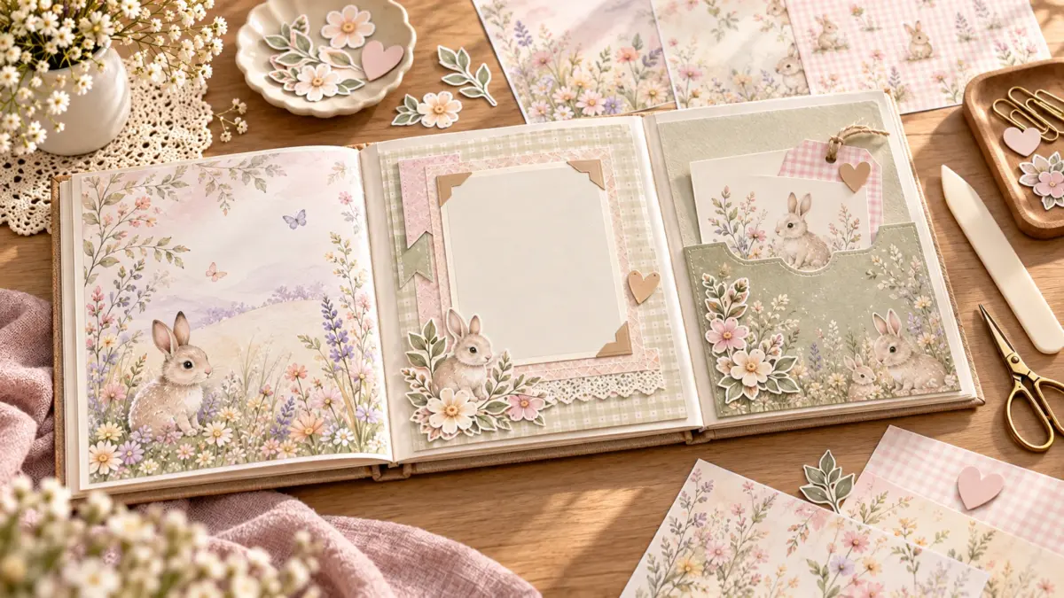 An open baby memory album with a flat illustrated page, layered photo mat and keepsake pocket