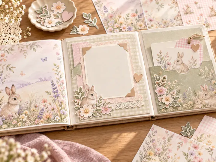 An open baby memory album with a flat illustrated page, layered photo mat and keepsake pocket