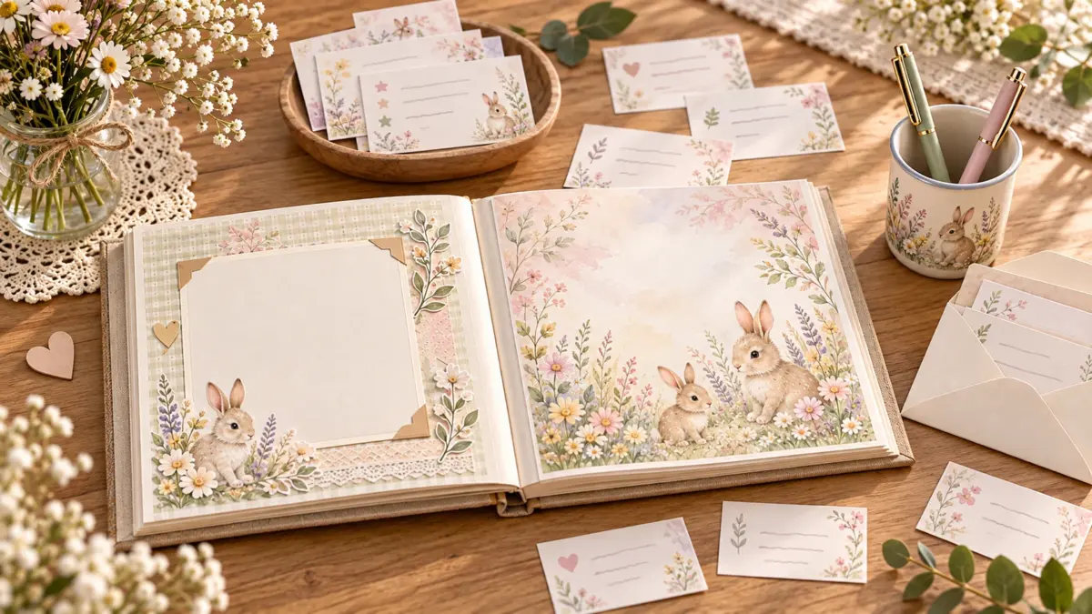 A baby shower guest book station with blank album pages, message cards, pens and an envelope