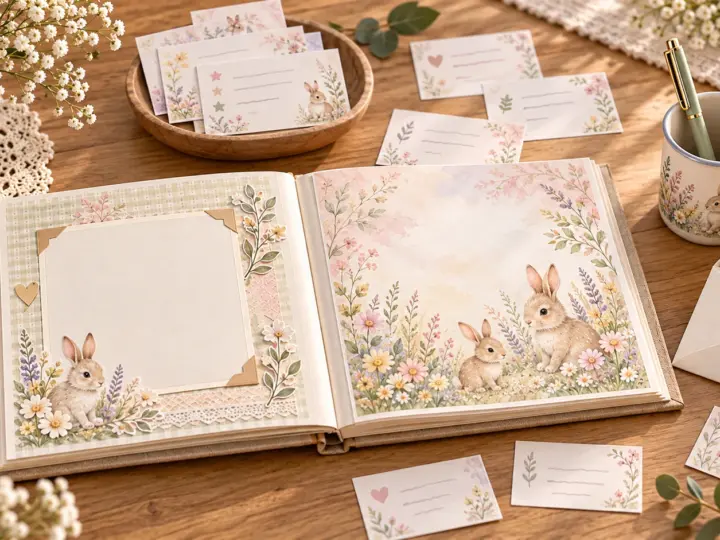 A baby shower guest book station with blank album pages, message cards, pens and an envelope