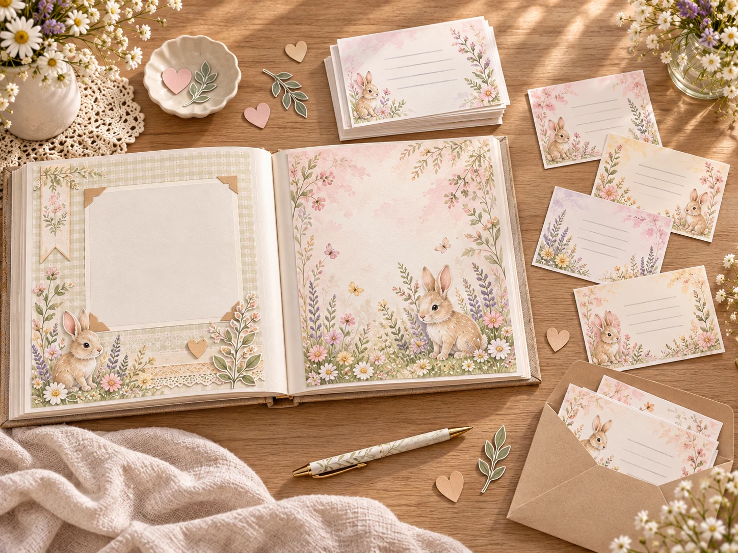An open guest book beside loose message cards and an envelope for completed notes