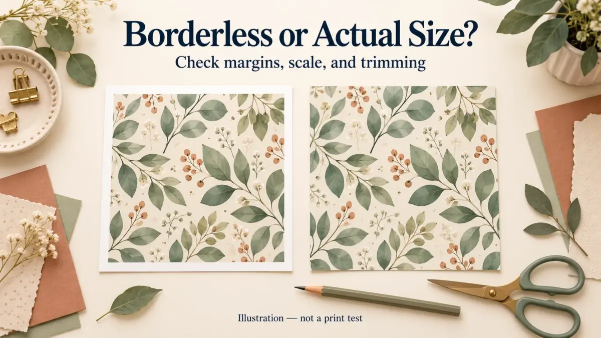 Illustration comparing a botanical paper design with white margins and an edge-to-edge design.