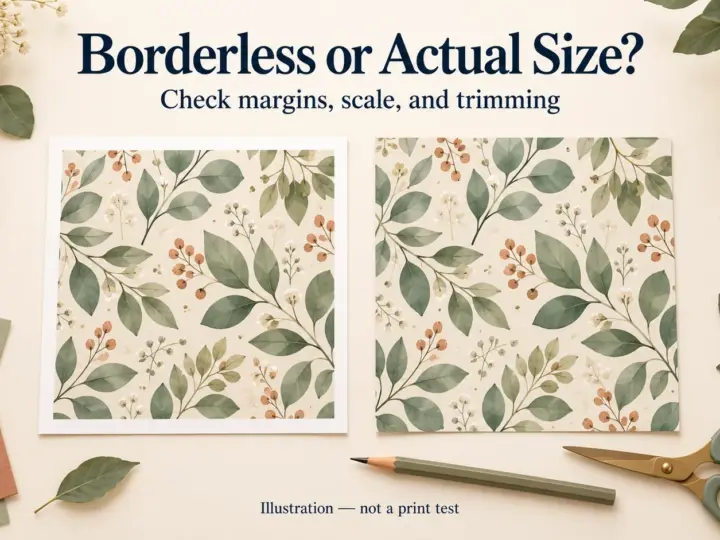 Illustration comparing a botanical paper design with white margins and an edge-to-edge design.