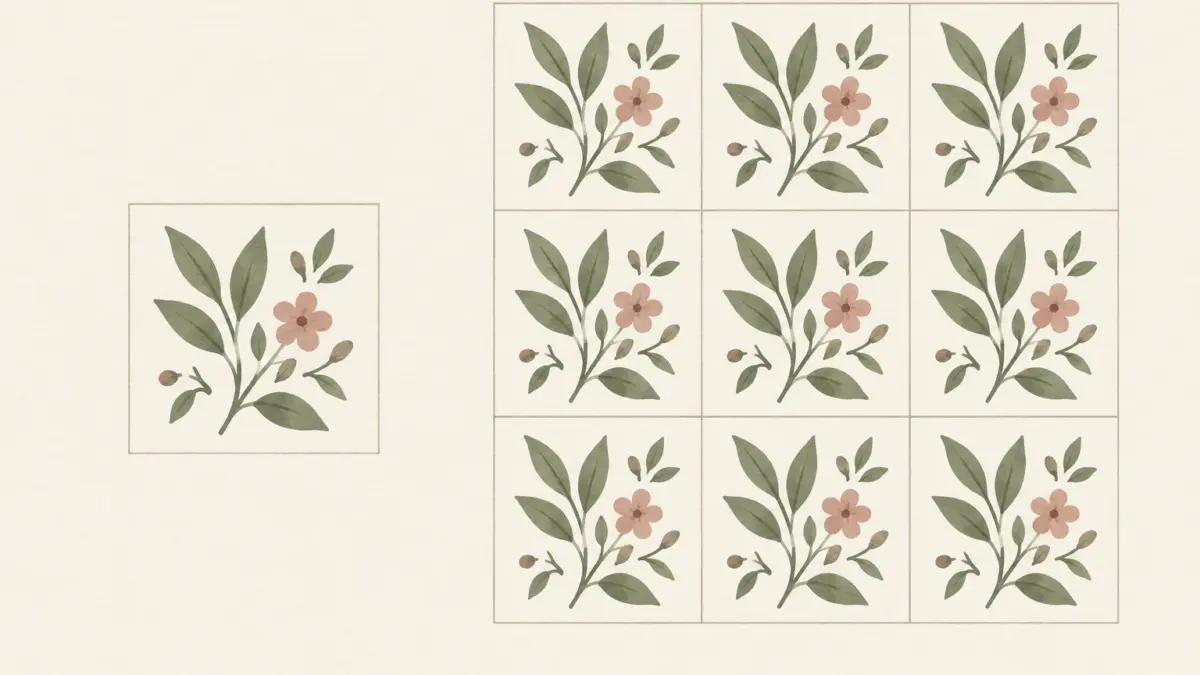 AI-generated conceptual illustration of one botanical motif beside a simple grid-repeat arrangement.