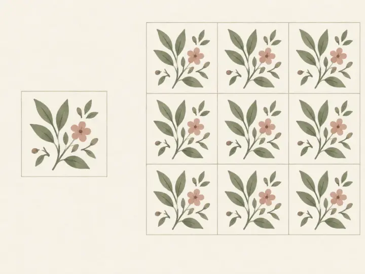 AI-generated conceptual illustration of one botanical motif beside a simple grid-repeat arrangement.