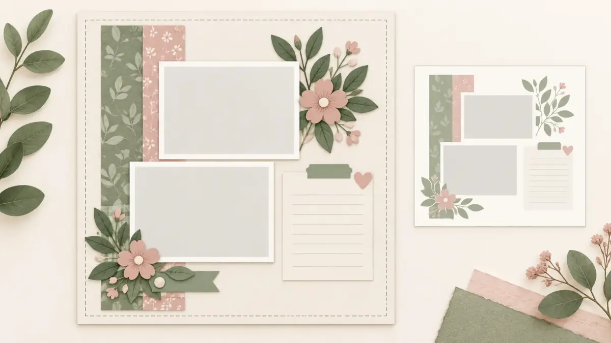 AI-generated conceptual illustration of a scrapbook-page layout beside a smaller overview.