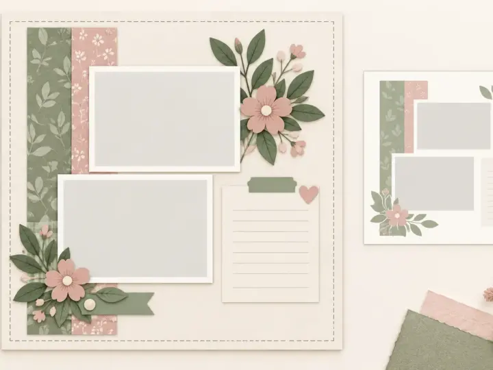 AI-generated conceptual illustration of a scrapbook-page layout beside a smaller overview.