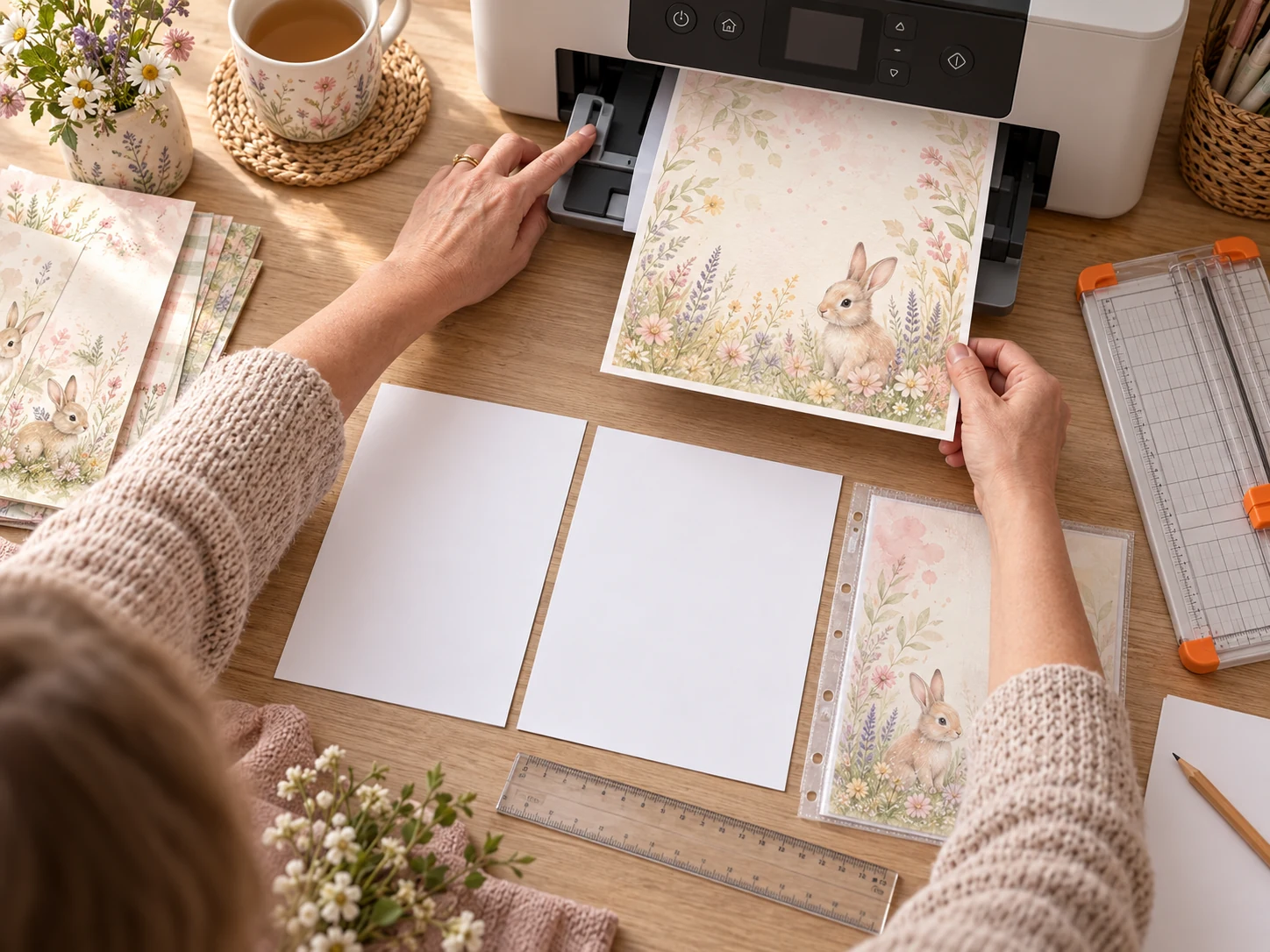 A crafter checks a home printer tray before fitting a page into a baby album protector
