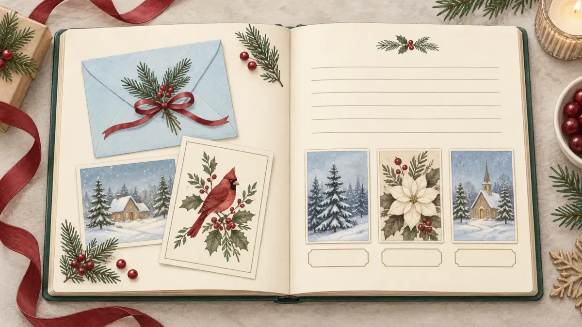 Illustration of Christmas greeting-card copies arranged in an open journal with blank caption labels and an index area.