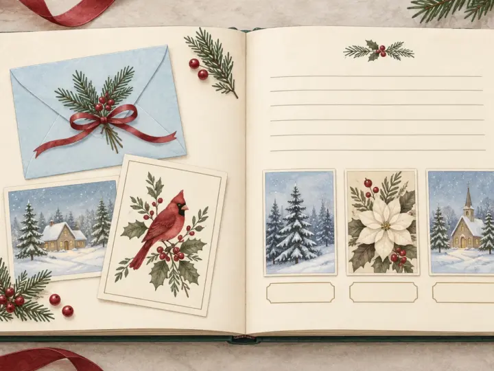 Illustration of Christmas greeting-card copies arranged in an open journal with blank caption labels and an index area.