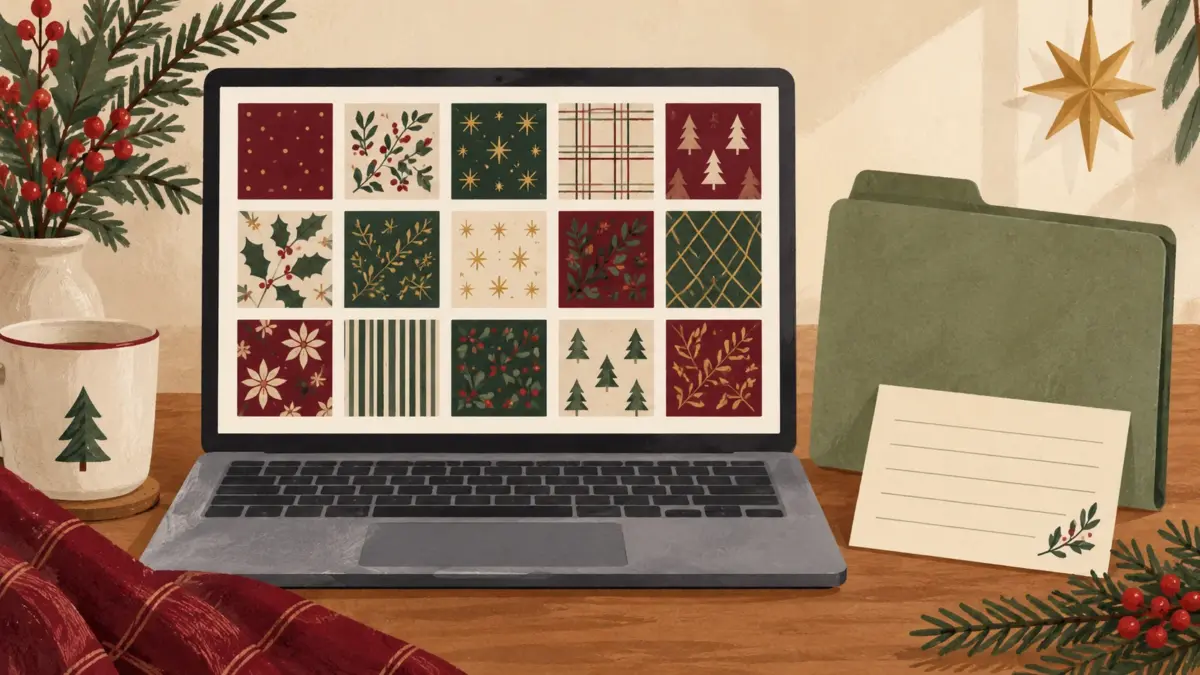 Illustration of a laptop with generic Christmas paper thumbnails beside a folder and project index card; AI-generated organization mockup, not a contact sheet included in the download or a physical print test.