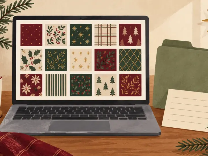 Illustration of a laptop with generic Christmas paper thumbnails beside a folder and project index card; AI-generated organization mockup, not a contact sheet included in the download or a physical print test.