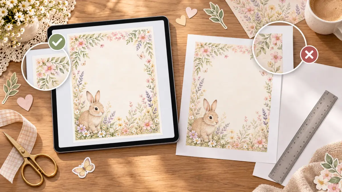 A full floral bunny page on a tablet beside a printed page with a clipped outer border