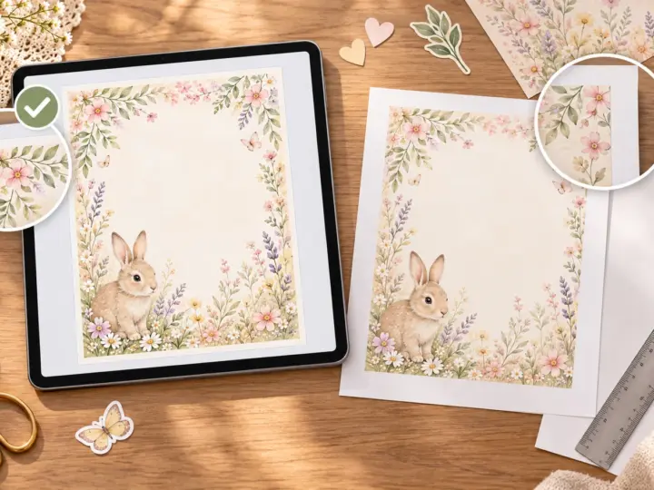 A full floral bunny page on a tablet beside a printed page with a clipped outer border